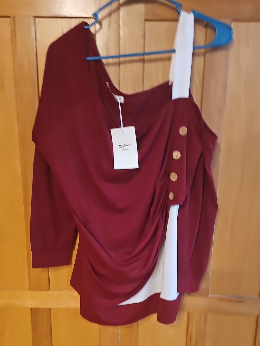 One-Shoulder Draped Blouse with Contrast Strap — Burgundy